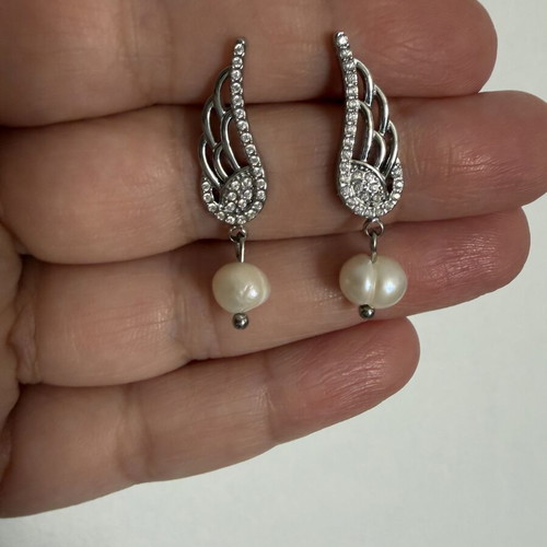 Angel wing stud earrings with pearl, stainless steel, silver