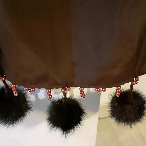 Satin scarf used with 8 fur pompons brown