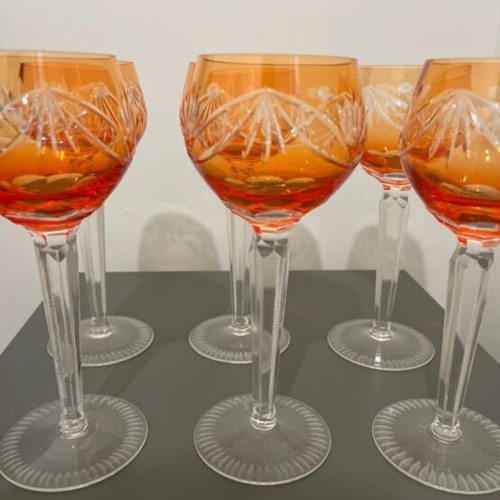 Vintage cut to clear crystal glasses set of 6, orange and clear