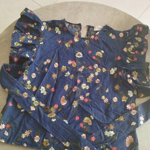Denim blouse with floral embroidery and black wrap dress, like new