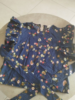 Denim blouse with floral embroidery and black wrap dress, like new
