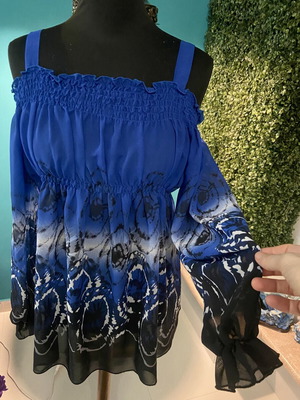Y2K Fairy Chiffon Off Shoulder Blouse Like New, Blue and Black