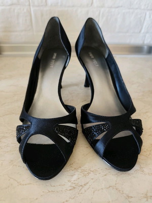 Nine West satin open-toe pumps new, black, size 39, 7 cm heel