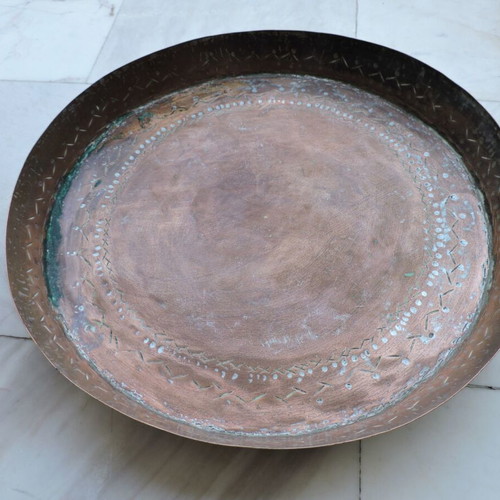 Copper tray vintage used with designs diameter 40 cm
