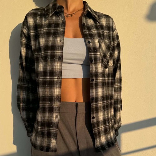 Checked shirt with rhinestones, medium large