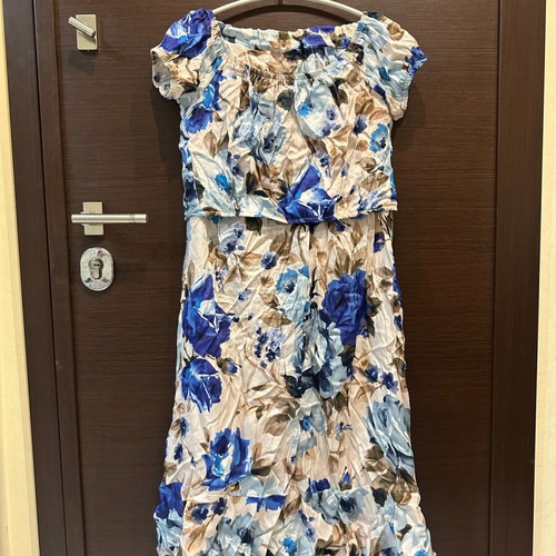 Reline summer skirt and blouse set used, beige and blue, size M