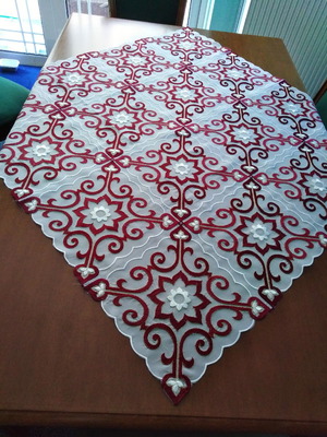 Tablecloth set new with embroidery on burgundy silk organza