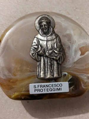Saint Francis stone with silver relief figure like new