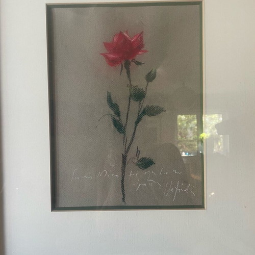 Wax pastel artwork Red Rose with dedication by Michalis Vafeiadis like new