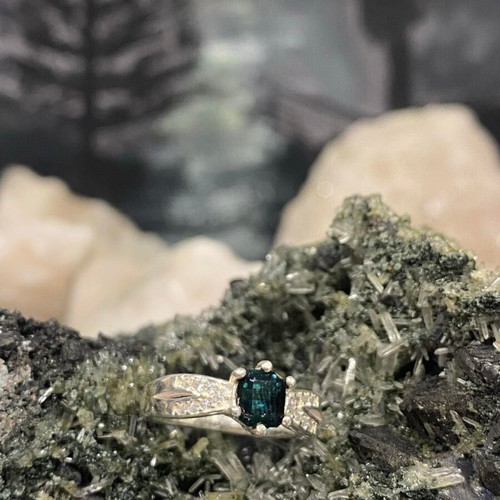 Handmade silver ring with natural indicolite tourmaline and moissanite