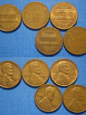 America United States 1 Cent used, pack of 5 coins 1956P-1964D