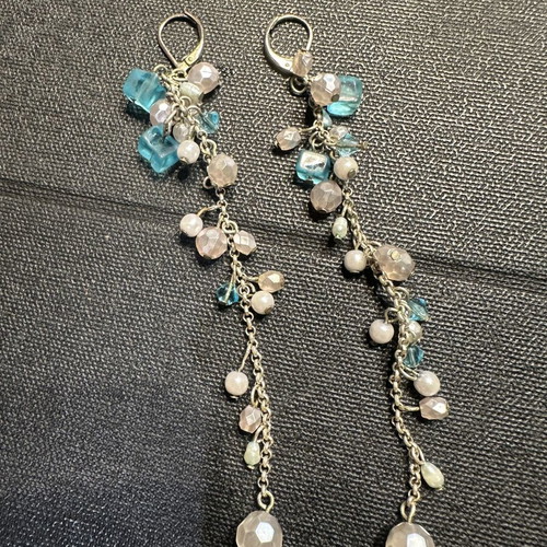 Long cluster earrings with beads and pearls, silver base, leverback clasp