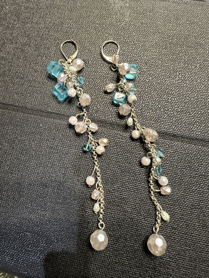 Long cluster earrings with beads and pearls, silver base, leverback clasp