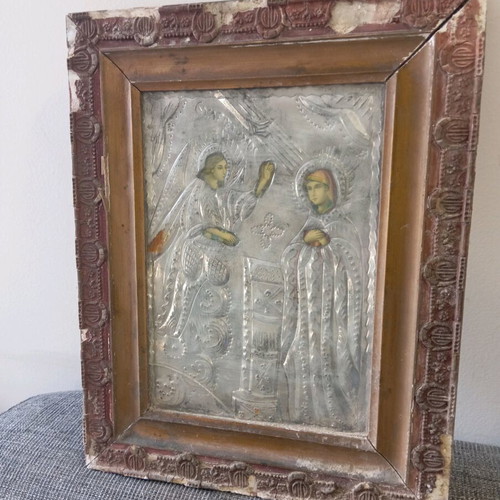 Annunciation icon used, vintage handmade carving