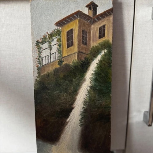 Vintage Naousa Paintings set used, industrial folk art on wood