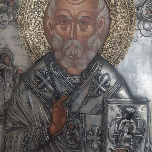 Saint Nicholas icon like new with alpaca and gilded halo