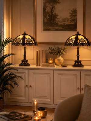 Art Nouveau table lamps set like new with decorative metal shades