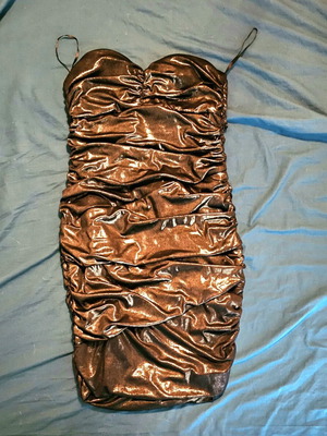 TALLY WEIJL dress dark gold with ruching and black iridescence like new