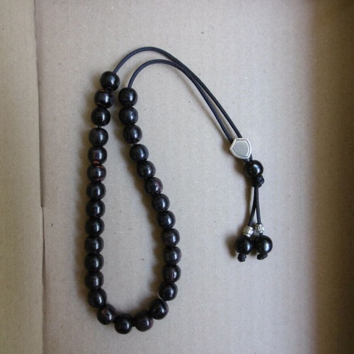 Handmade worry beads with silver shield, new, black acrylic