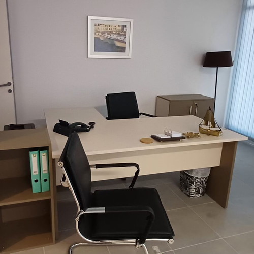 Office desk set with chairs, shelf, drawer unit, cabinet