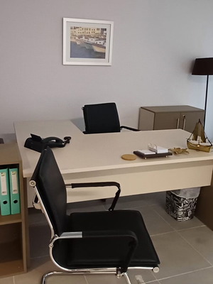 Office desk set with chairs, shelf, drawer unit, cabinet