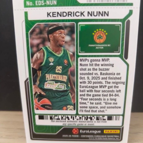 2025-26 Panini Contenders Euroleague Panathinaikos Kendrick Nunn Dual Jersey