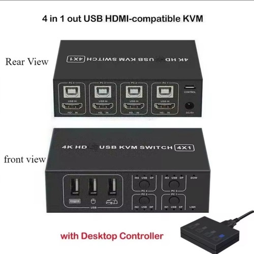 KVM switch for up to 4 PCs with monitor, keyboard, and mouse