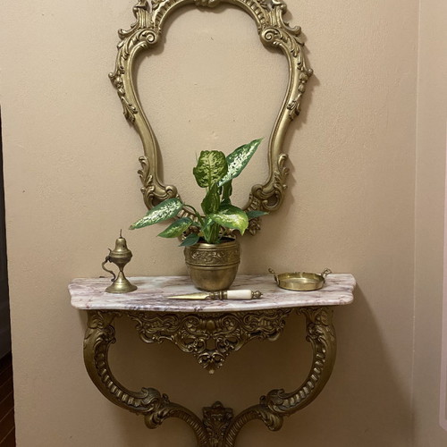 Console with framed mirror and marble used, baroque style