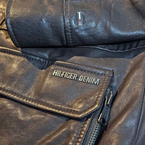 Hilfiger Denim men's leather jacket used, brown to gray, size M