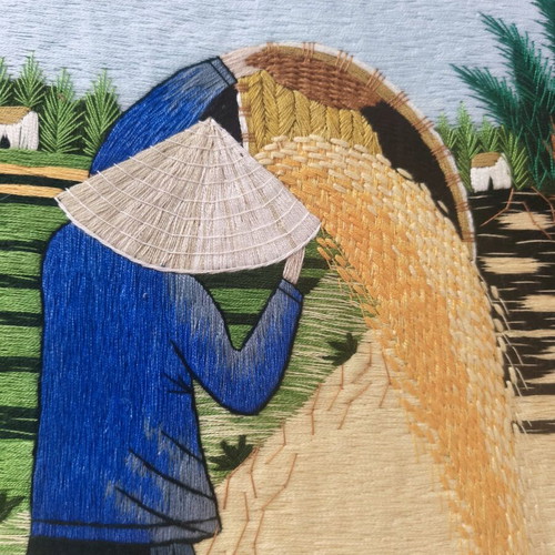 Handmade embroidery painting with silk thread new, rural life theme Vietnam