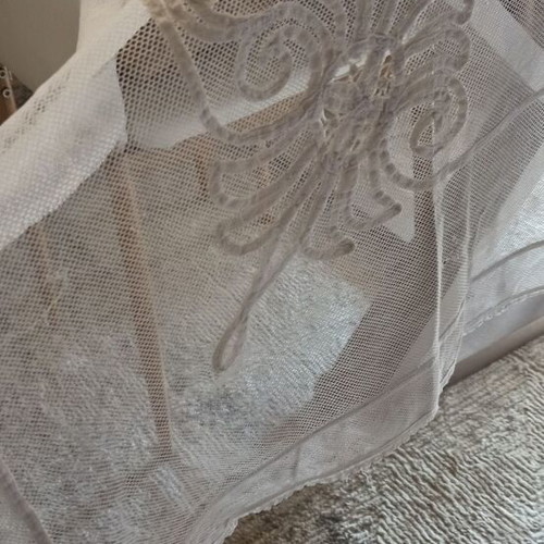 Lace tablecloth used, handmade filet lace, white