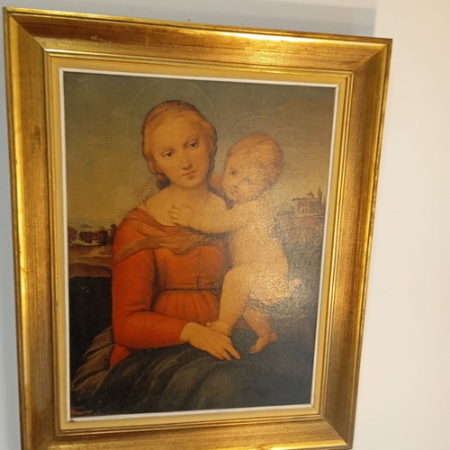 Vintage decorative large framed print used, Raphael's The Small Cowper Madonna