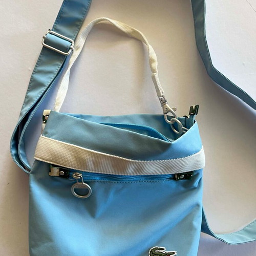 Lacoste shoulder bag vintage used, white and turquoise, waterproof fabric