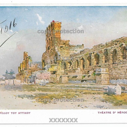Vintage postcard Herodes Atticus Theater Athens used, ca.1916