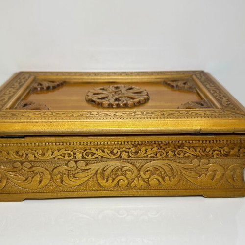 Wooden carved storage box used, handmade with fabric lining