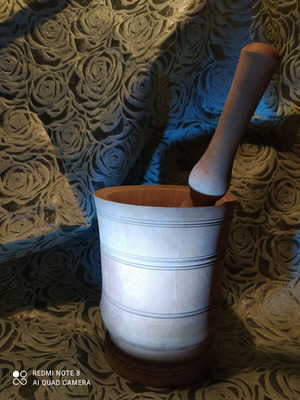 Vintage rustic wooden mortar with pestle like new