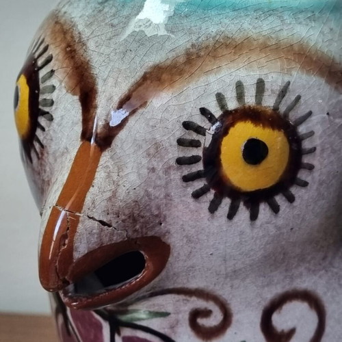 Ceramic owl pitcher used, broken and glued on the beak