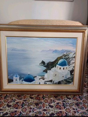 Santorini painting with blue domes used, with frame