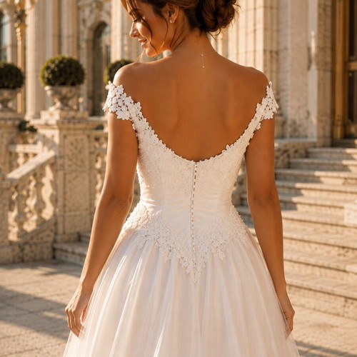 Wedding dress with 3D lace and airy skirt, like new, white, size L