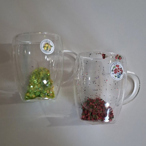 Double-Walled Glass Cups with Glitter Strawberries and Lemons, 320 ml, set of 2