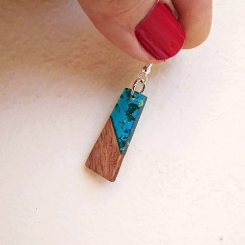 Blue earrings made of resin and wood new