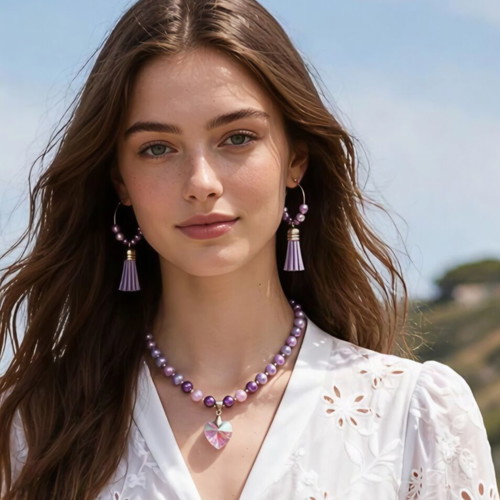 Purple beaded necklace and earrings set