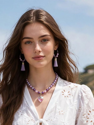 Purple beaded necklace and earrings set
