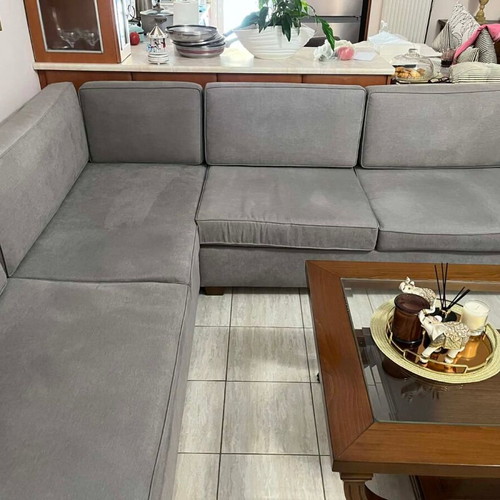 Handmade corner sofa cherry wood 2.35x1.70 like new, gray fabric