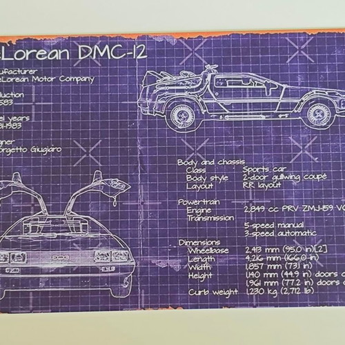 DeLorean DMC-12 blueprint metal sign like new
