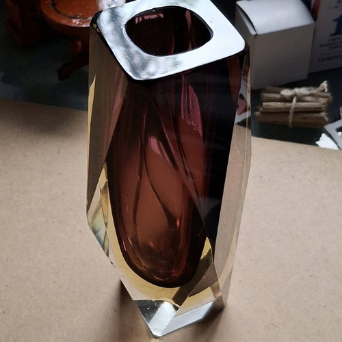 Murano sommerso vase 16 cm, brown grenat, yellow and clear