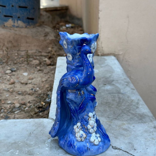 Collectible ceramic peacock vase used with gold details 1959