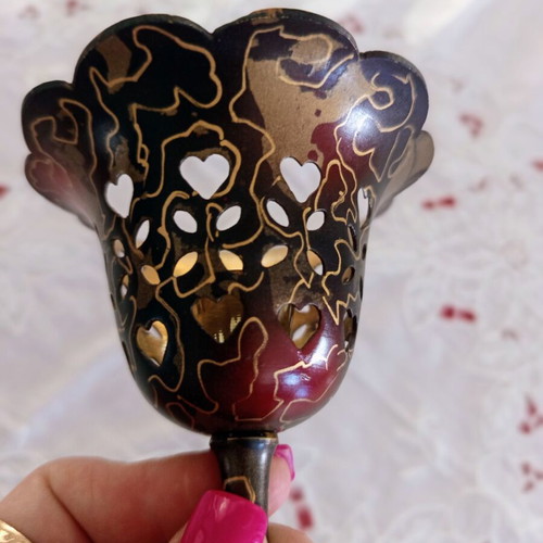 Vintage metal candlestick "Glass" with hearts and embossed motifs 14cm like new