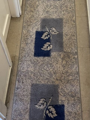 Runner rug used, 3.00 x 0.67 m, gray and blue leaf design