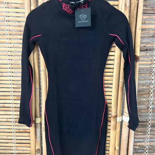 Black Bananas Florida fitted long-sleeve dress, black with pink piping, XS